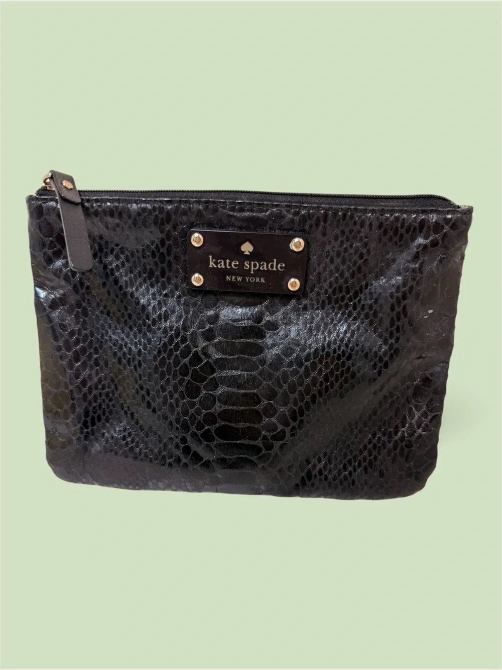 Kate Spade Black Embossed Snake-Print Cosmetic Pouch Python Skin Textured